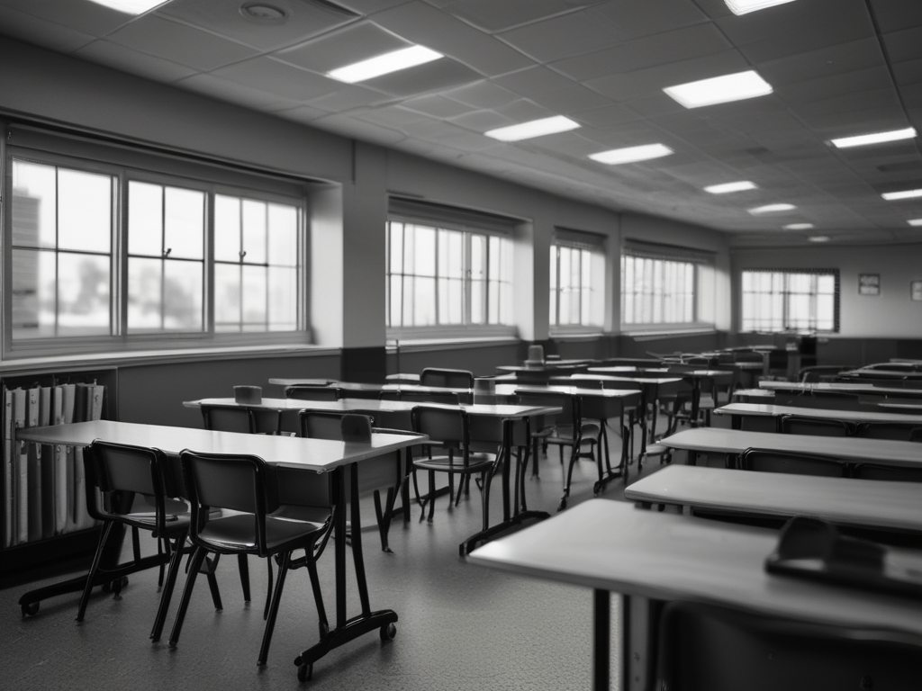 Kuvituskuva harmaasta luokkahuoneesta, jossa pulpetit ovat rivissä.